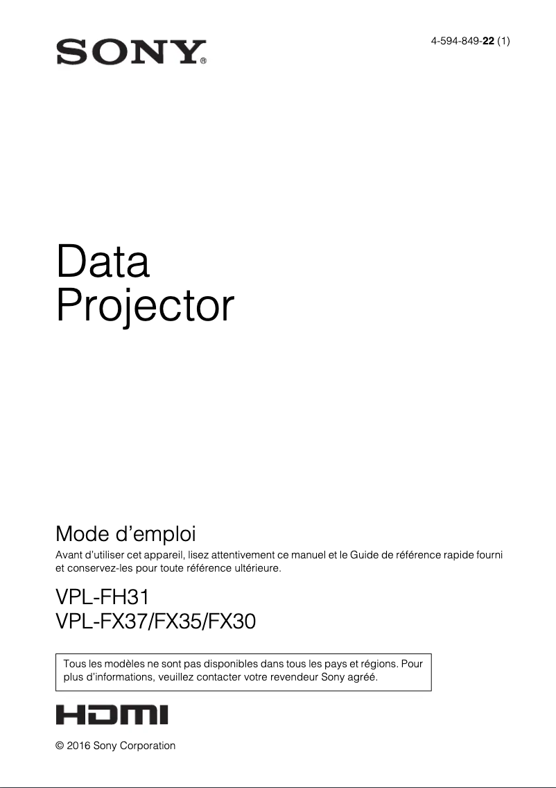 First page image of the manual for VPL-FX37