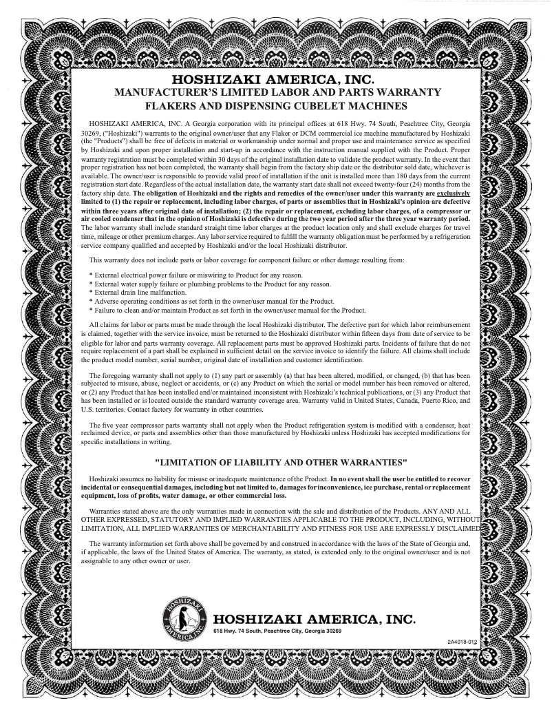 Page 1 of the manual Warranty Information Hoshizaki F-450MAJ-C