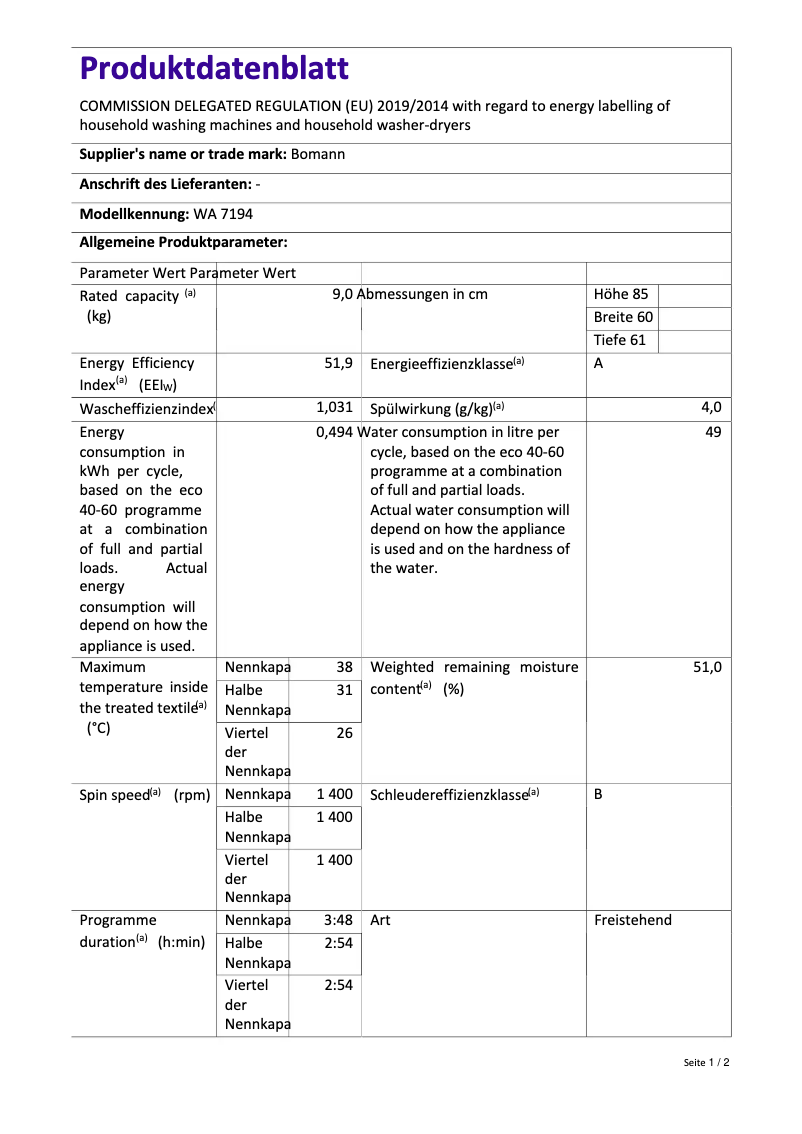 Page 1 of the manual Technical Sheet Bomann WA 7194