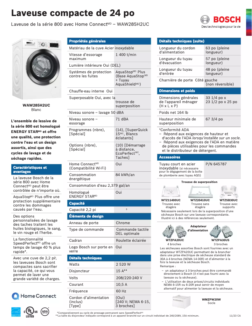 Page 1 of the manual Technical Sheet Bosch WAW285H2UC
