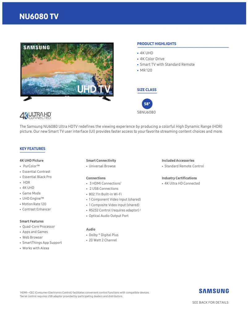Page 1 of the manual Technical Sheet Samsung UN58NU6080FXZA