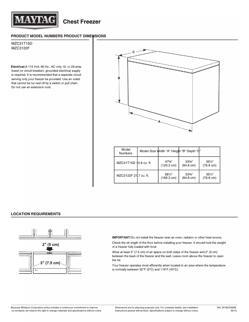 Page 1 of the manual Technical Sheet Maytag MZC31T15D