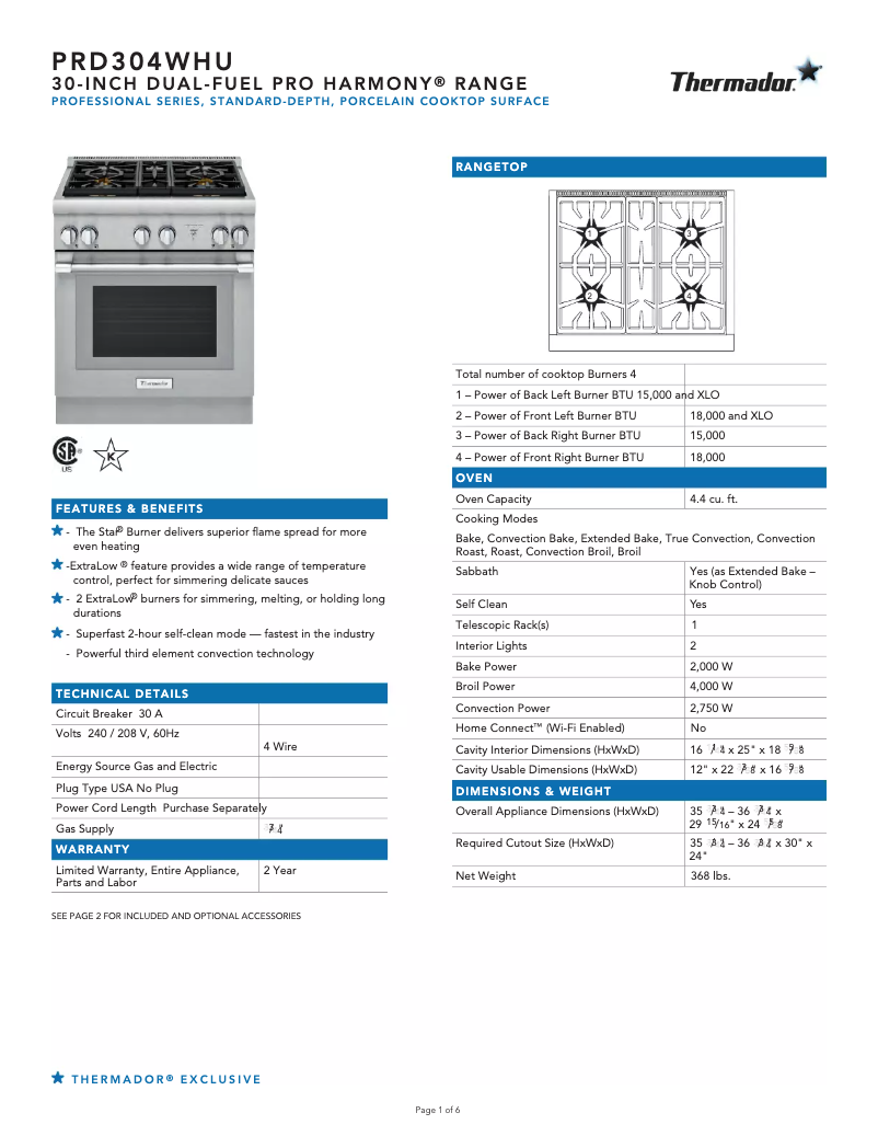 Page 1 of the manual Technical Sheet Thermador PRD304WHU