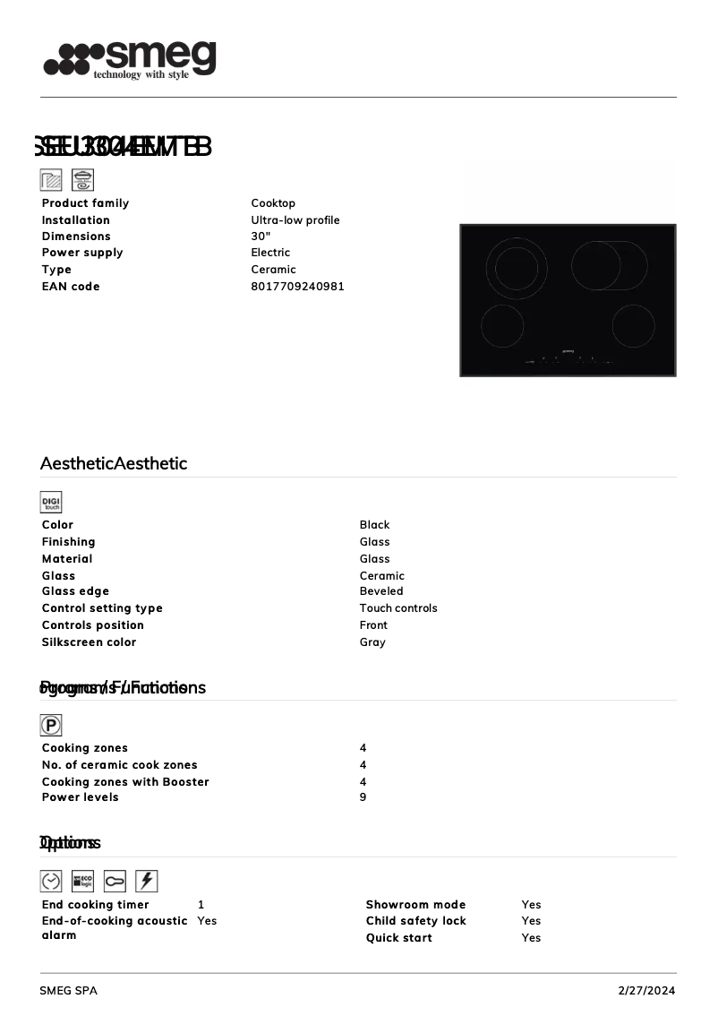Page 1 of the manual Technical Sheet Smeg SEU304EMTB