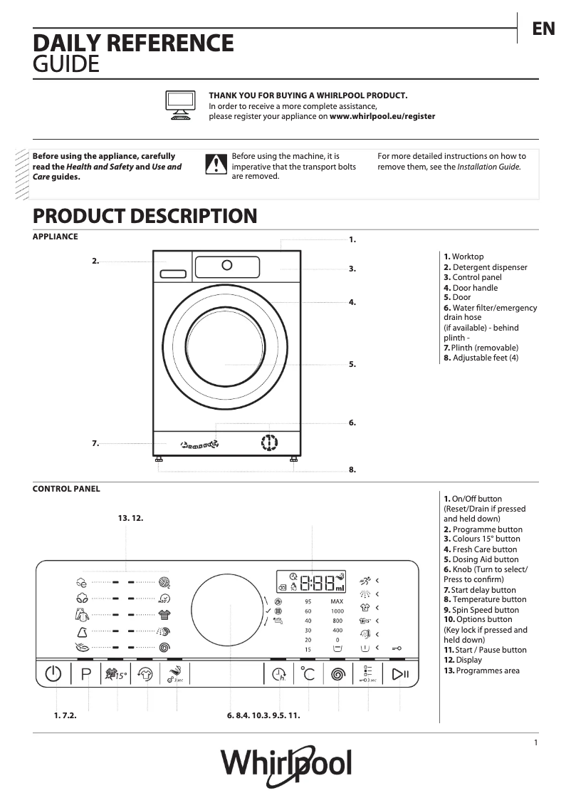 Page 1 of the manual User Manual Whirlpool FSCR 80210