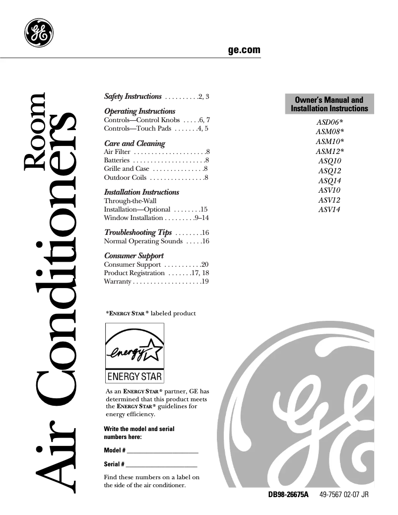 First page image of the manual for ASQ12AK