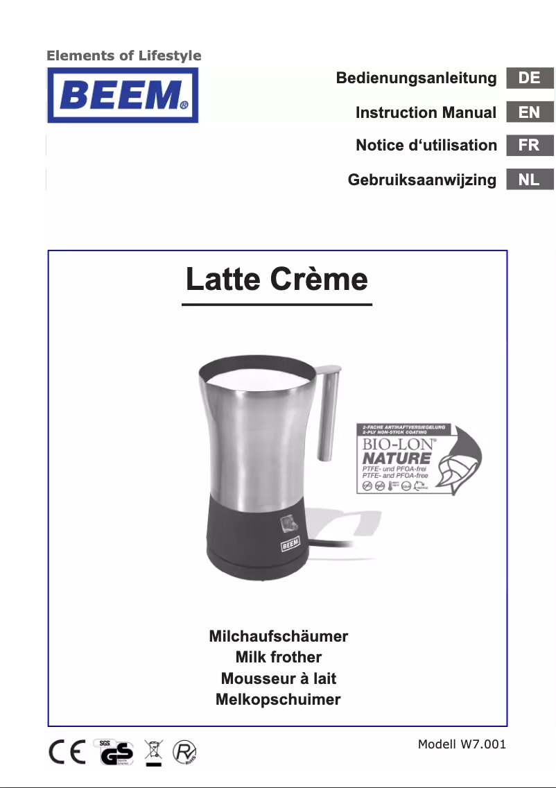 First page image of the manual for Latte Creme