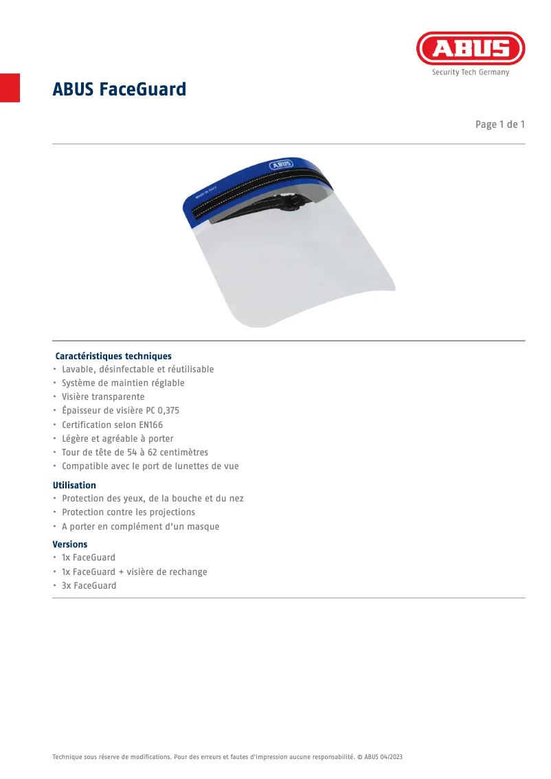 Page 1 of the manual Technical Sheet Abus FaceGuard