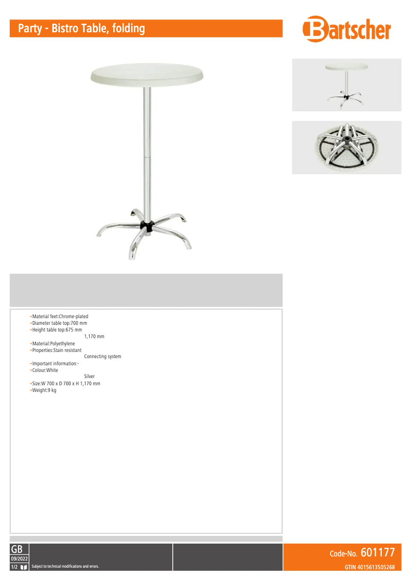 Page 1 of the manual Technical Sheet Bartscher 601177