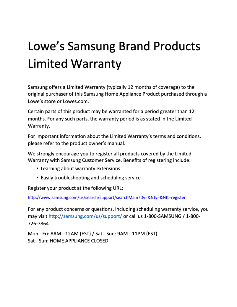 Page 1 of the manual Warranty Information Samsung RF28T5001SR