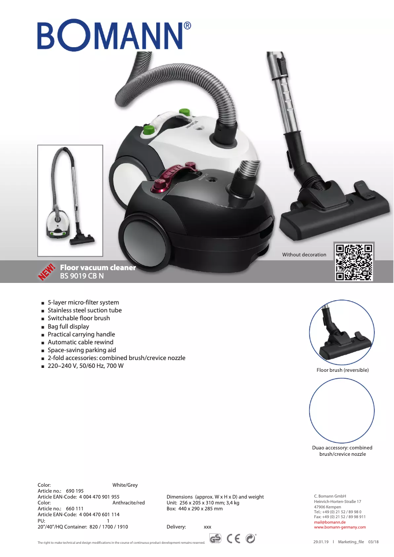 First page image of the manual for BS 9019 CB N