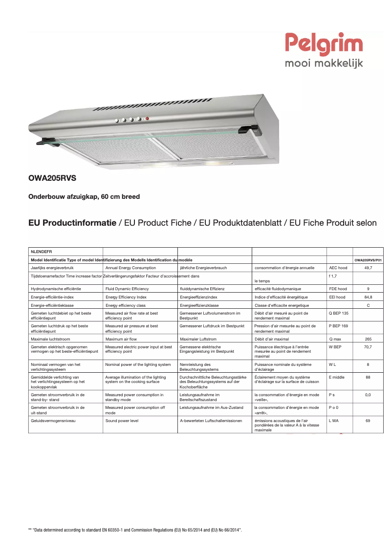 Page 1 of the manual Technical Sheet Pelgrim OWA205RVS
