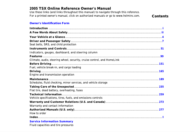 First page image of the manual for TSX (2005)