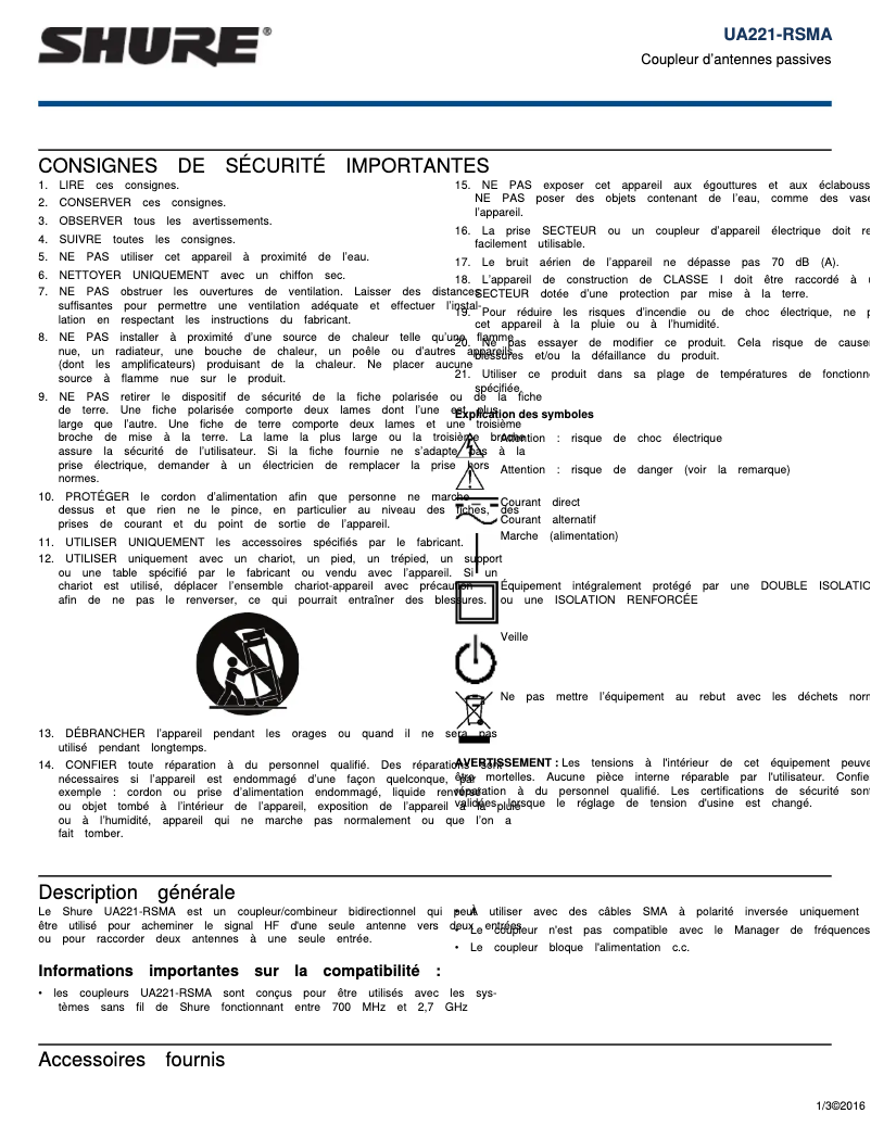 Page 1 de la notice Manuel utilisateur Shure UA221-RSMA