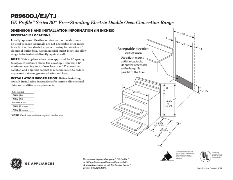 Page 1 of the manual Technical Sheet GE Profile PB960SJSS