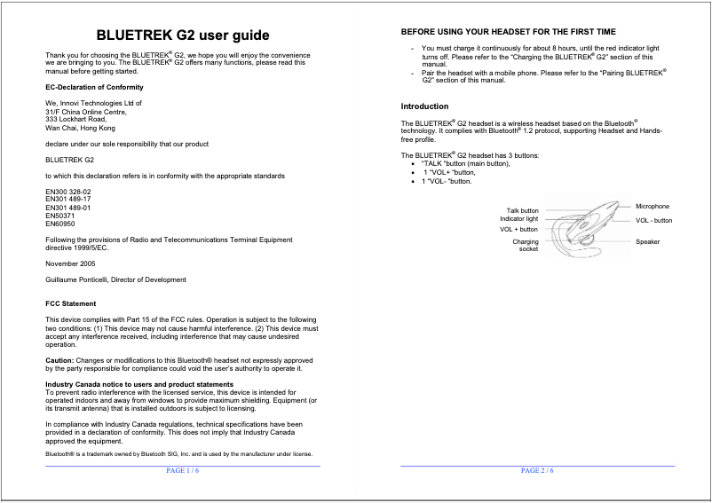 Page 1 of the manual User Manual Bluetrek G2