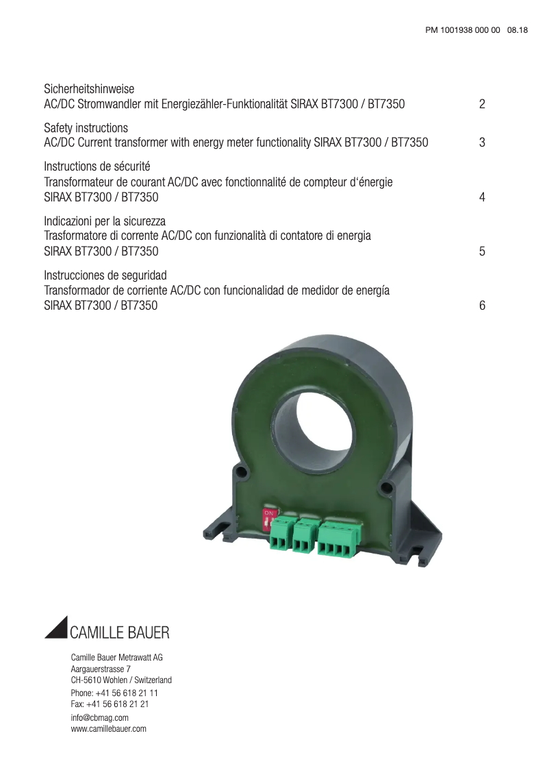 Page 1 of the manual Safety Instructions Camille Bauer SIRAX BT7300