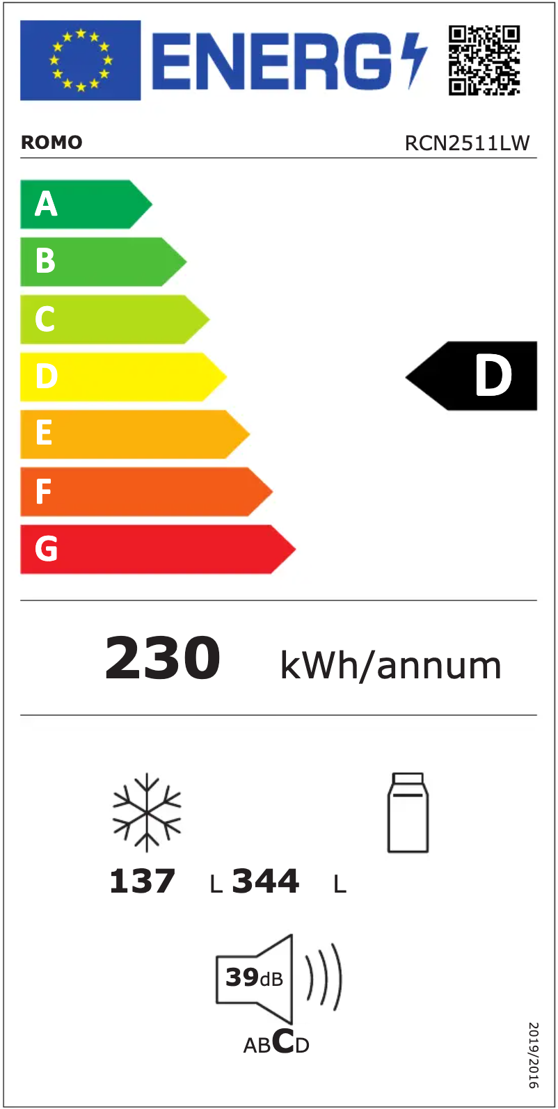 Page 1 of the manual Energy Label Romo RCN2511LW