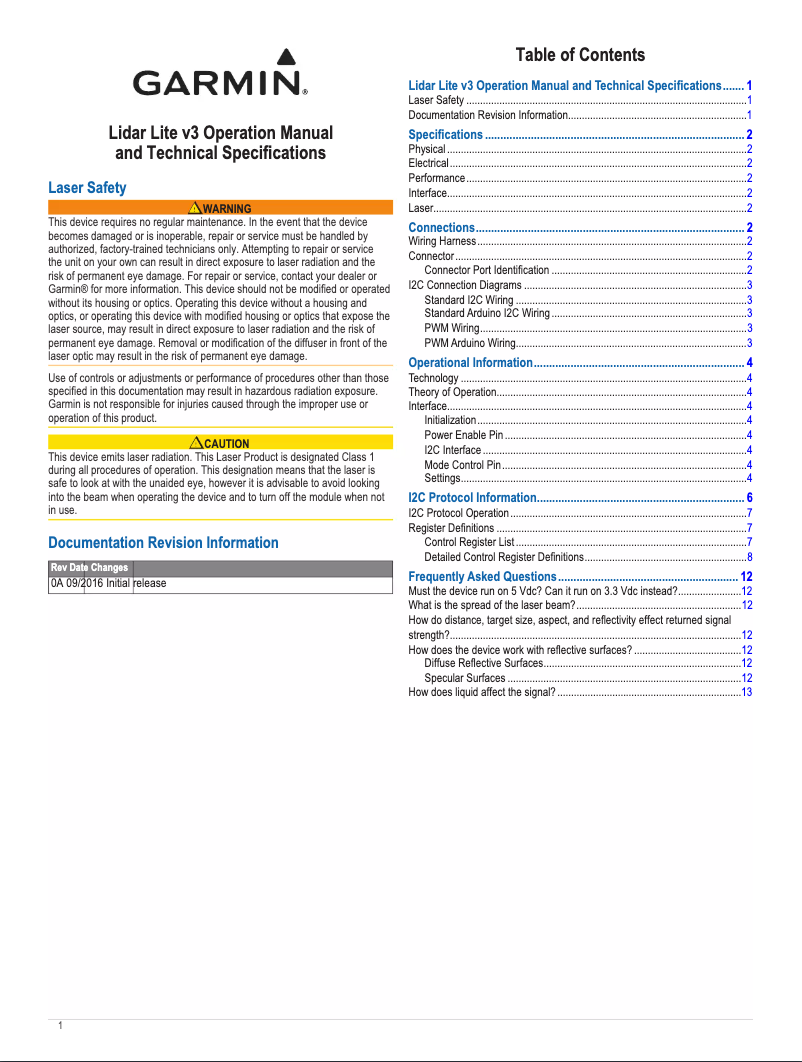 First page image of the manual for Lidar Lite v3