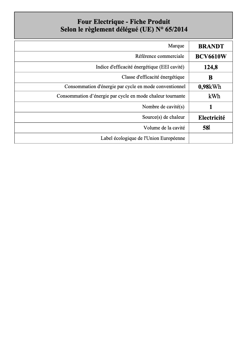 Page 1 de la notice Manuel utilisateur Brandt BCV6610W