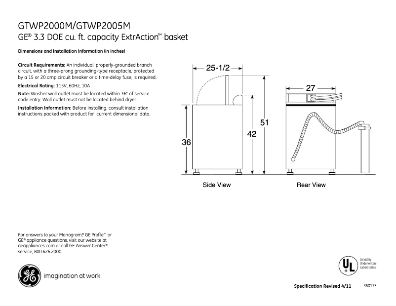 Page 1 of the manual Technical Sheet GE GTWP2000MWW