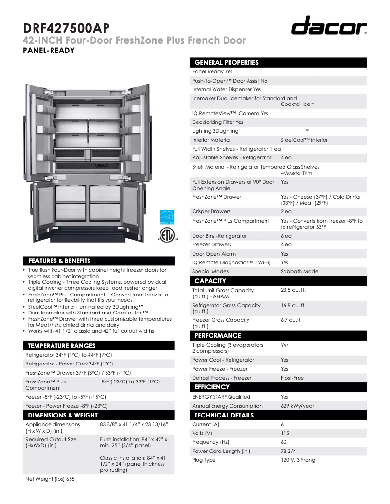Page 1 of the manual Technical Sheet Dacor DRF427500AP