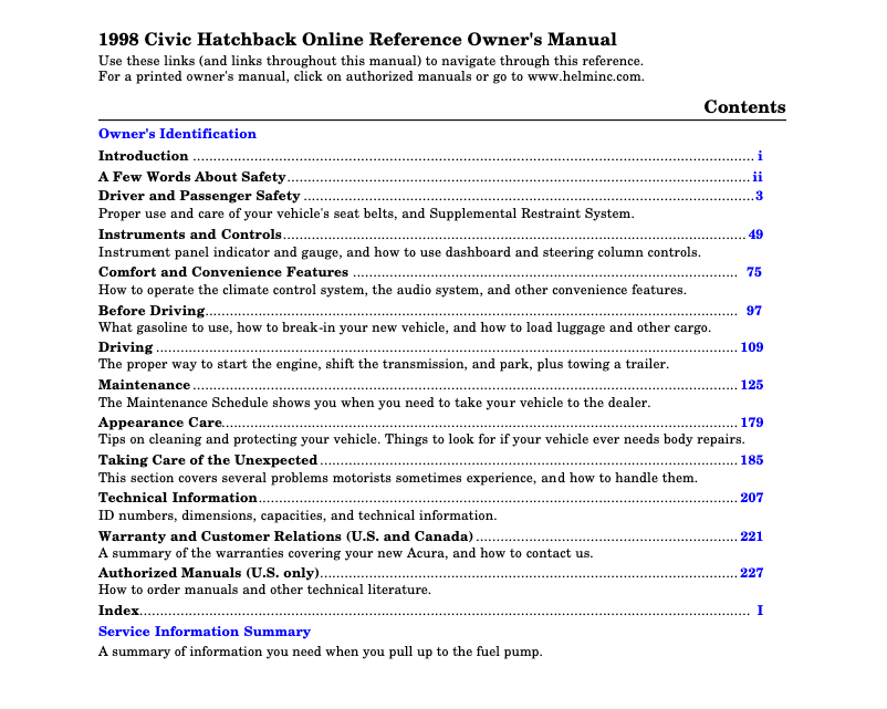 First page image of the manual for Civic Sedan (1998)