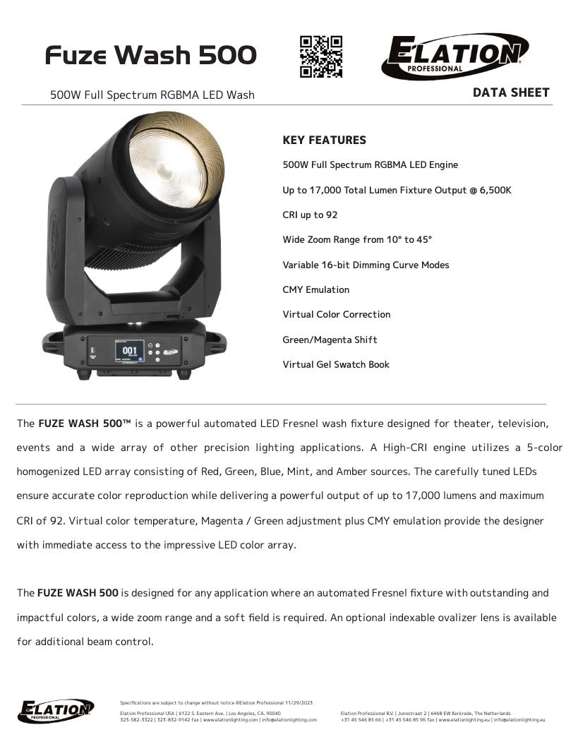Page 1 de la notice Fiche technique Elation Fuze Wash 500