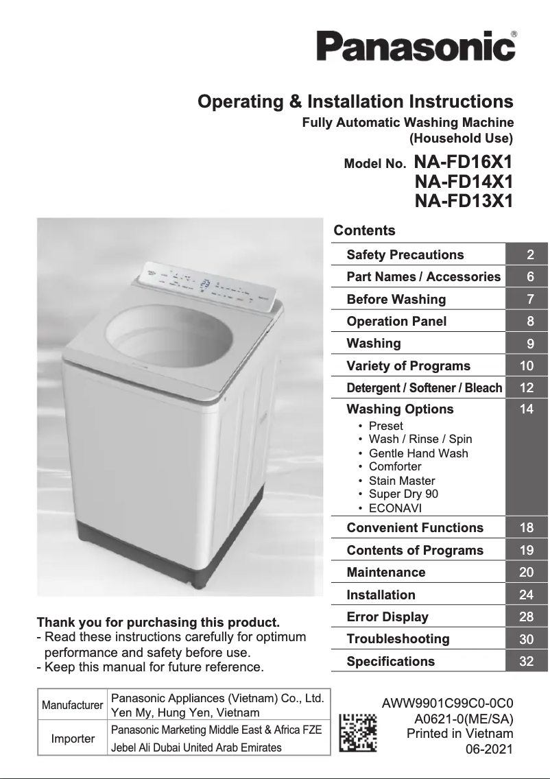 Page 1 of the manual User Manual Panasonic NA-FD16X1