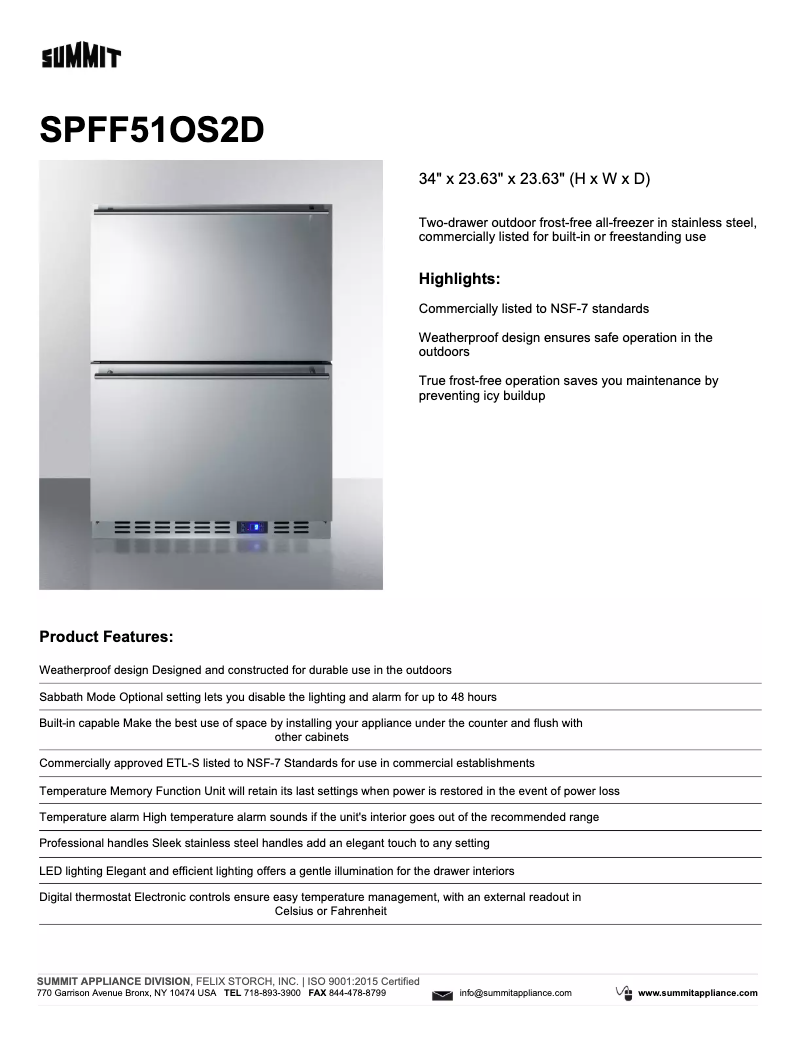 Page 1 of the manual Technical Sheet Summit SPFF51OS2D