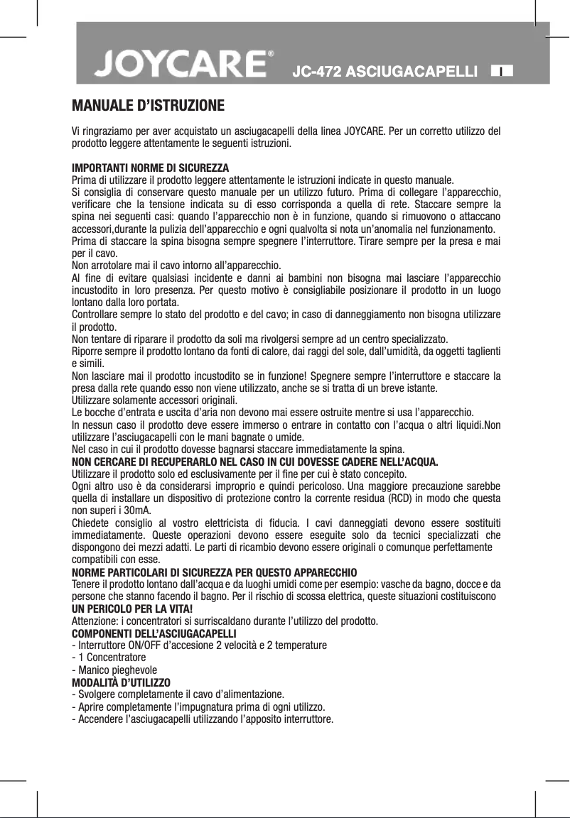 Page 1 of the manual User Manual Joycare JC-472