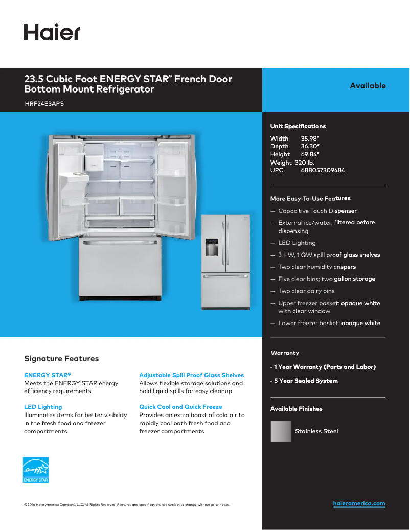 Page 1 of the manual Technical Sheet Haier HRF24E3APS