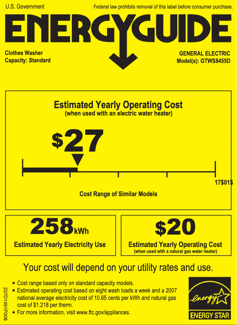 Page 1 of the manual Energy Label GE GTWS8455DMC