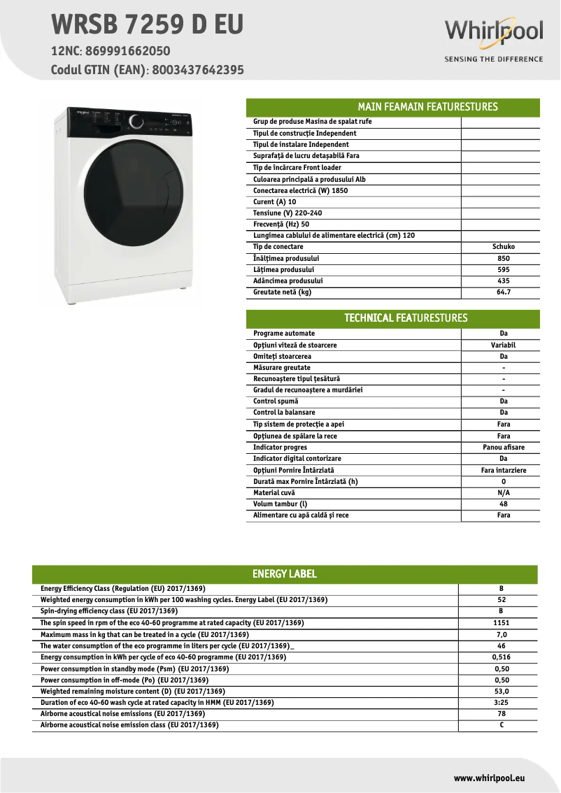 Page 1 of the manual Technical Sheet Whirlpool WRSB 7259 D