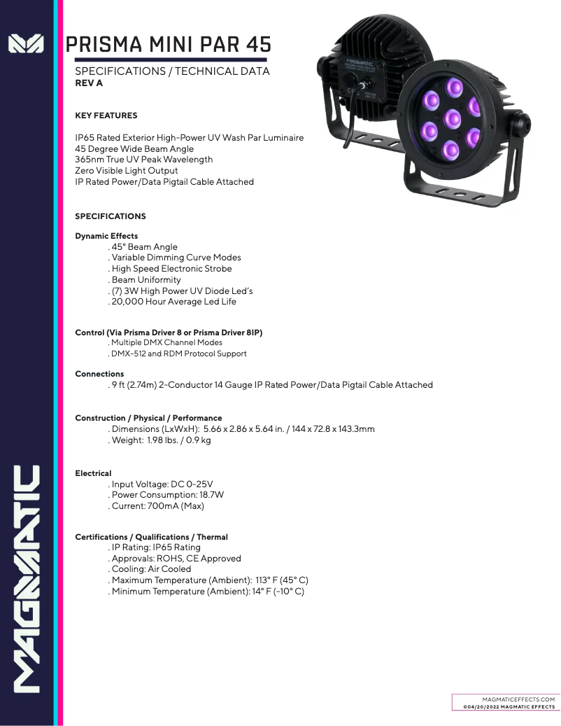 Page 1 of the manual Technical Sheet Elation Prisma Mini PAR 20