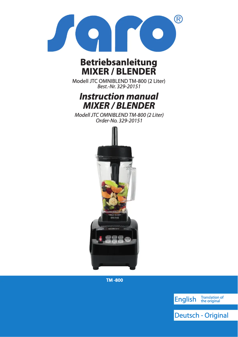 Page 1 of the manual User Manual Saro JTC Omniblend V TM-800
