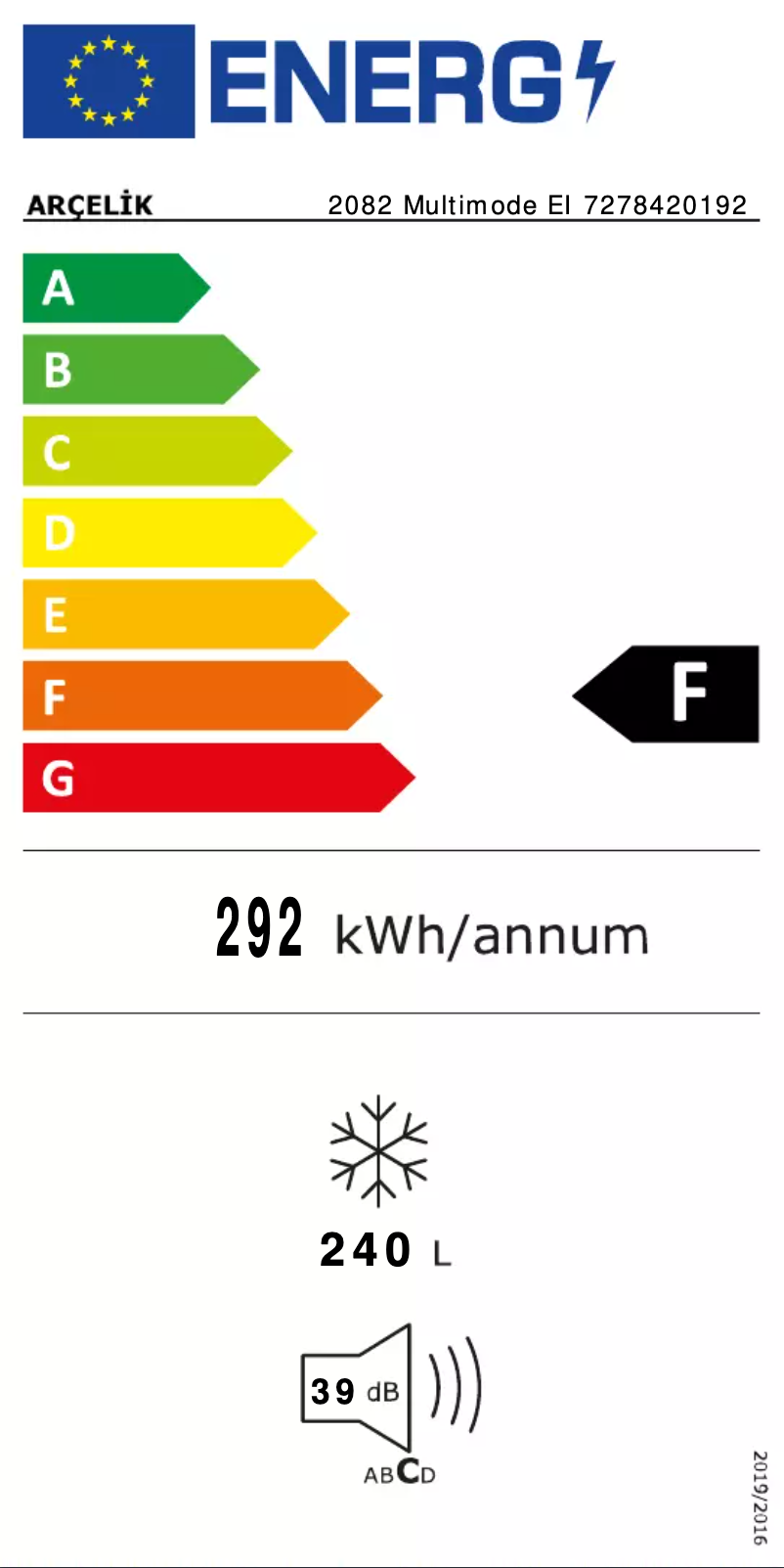 Page 1 of the manual Energy Label Arçelik 2082 Multimode EI