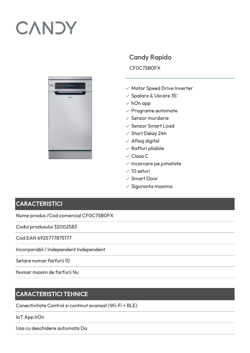 Page 1 of the manual Technical Sheet Candy CF0C7SB0FX