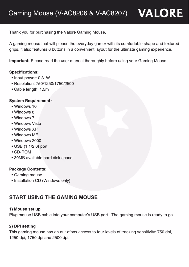Page 1 of the manual User Manual Valore V-AC8207