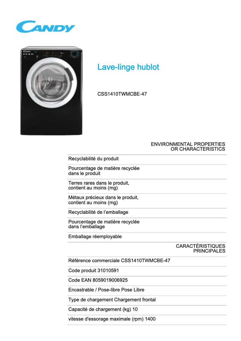 First page image of the manual for CSS1410TWMCBE-47