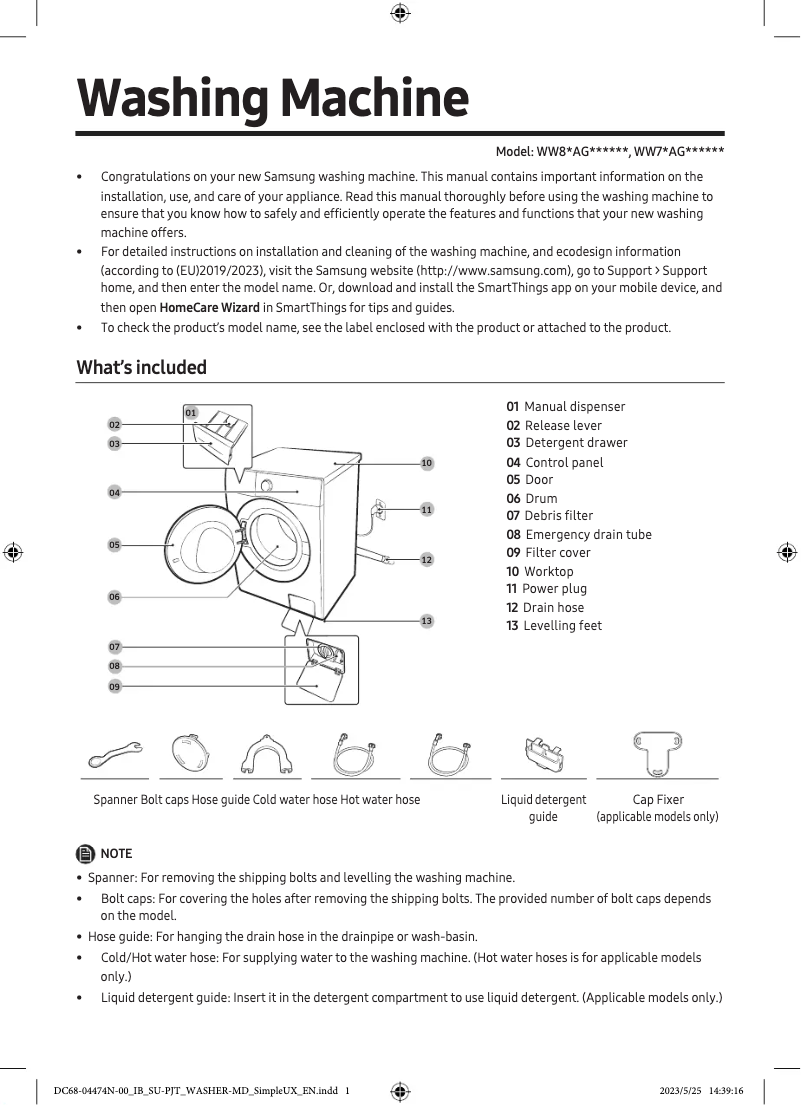 Page 1 of the manual Quick Start Guide Samsung WW80AG6S28AE