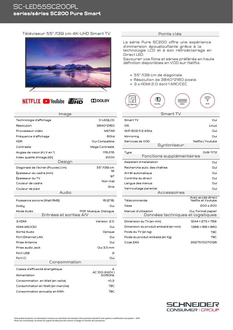 Page 1 of the manual Technical Sheet Schneider SC-LED55SC200PL