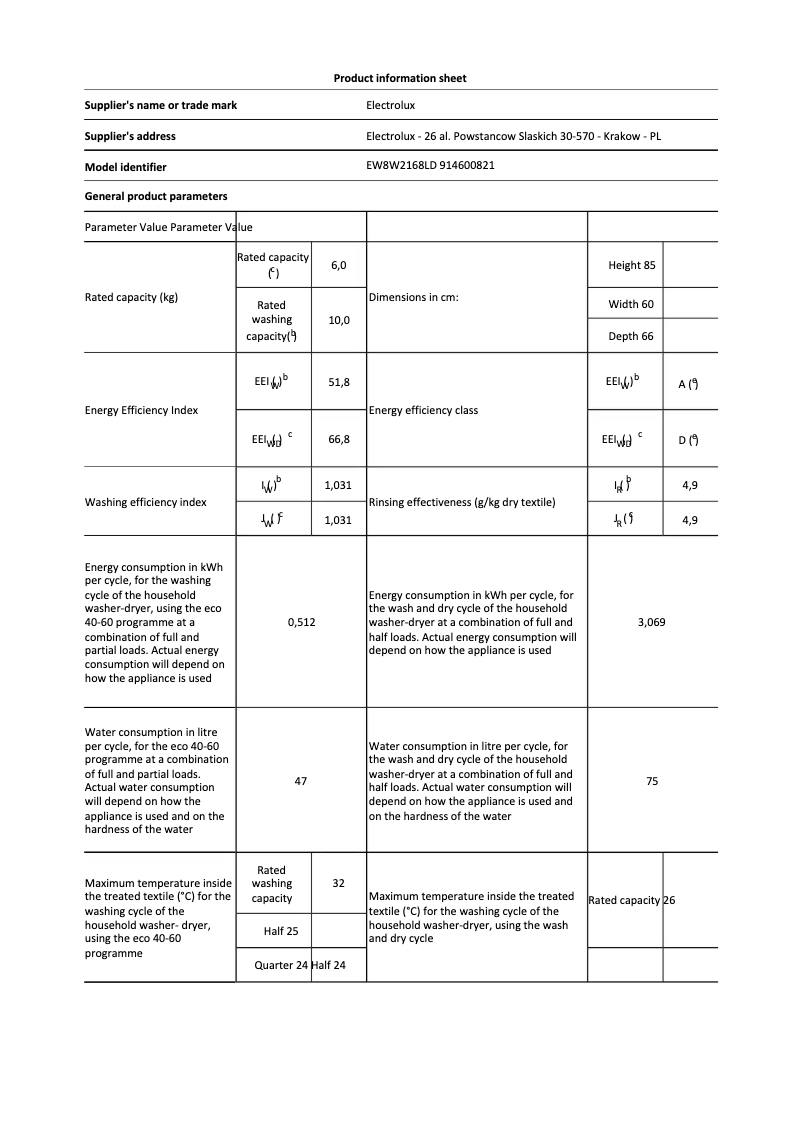 Page 1 of the manual Technical Sheet Electrolux EW8W2168LD
