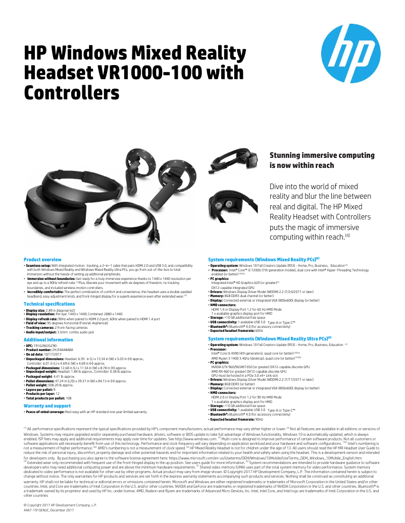 Page 1 of the manual User Manual HP Mixed Reality Headset VR1000-100