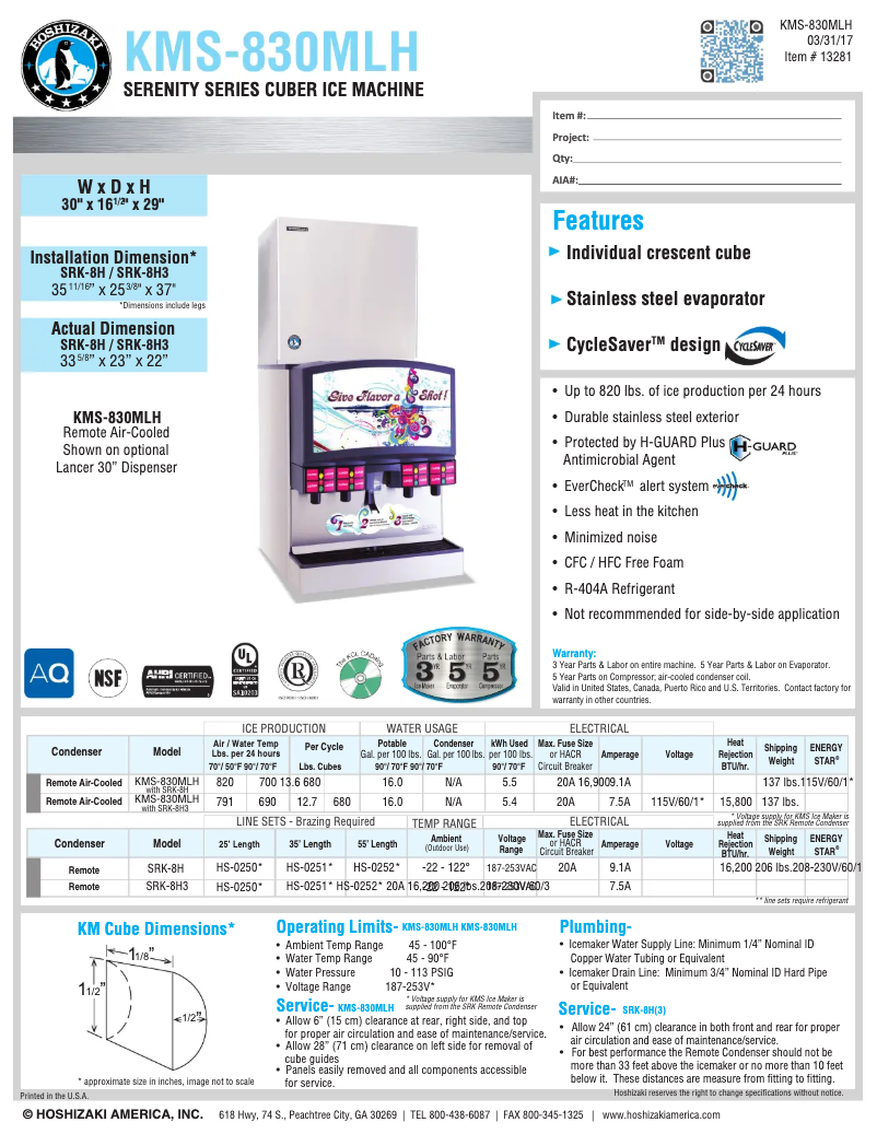 Page 1 of the manual Technical Sheet Hoshizaki KMS-830MLH