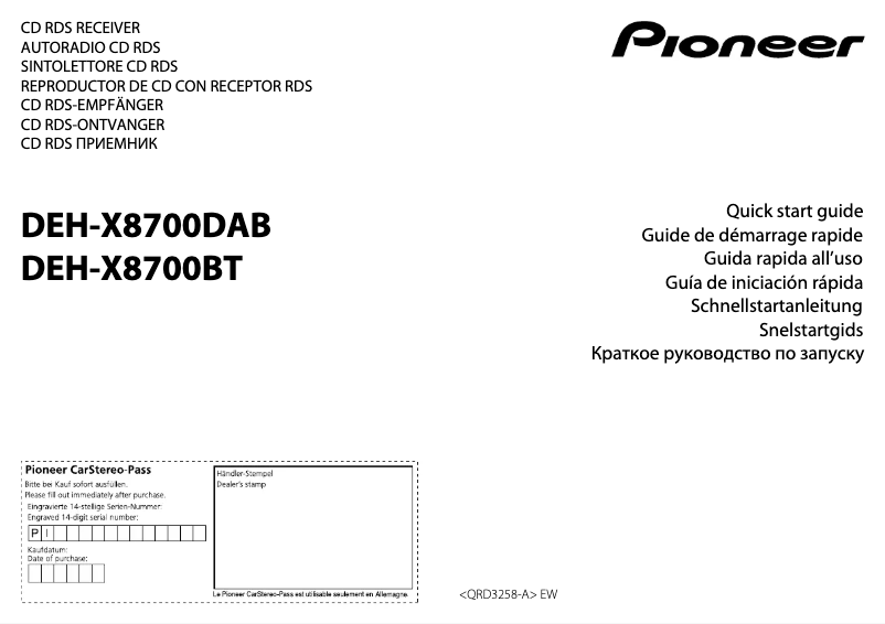 Page 1 of the manual Quick Start Guide Pioneer DEH-X8700BT