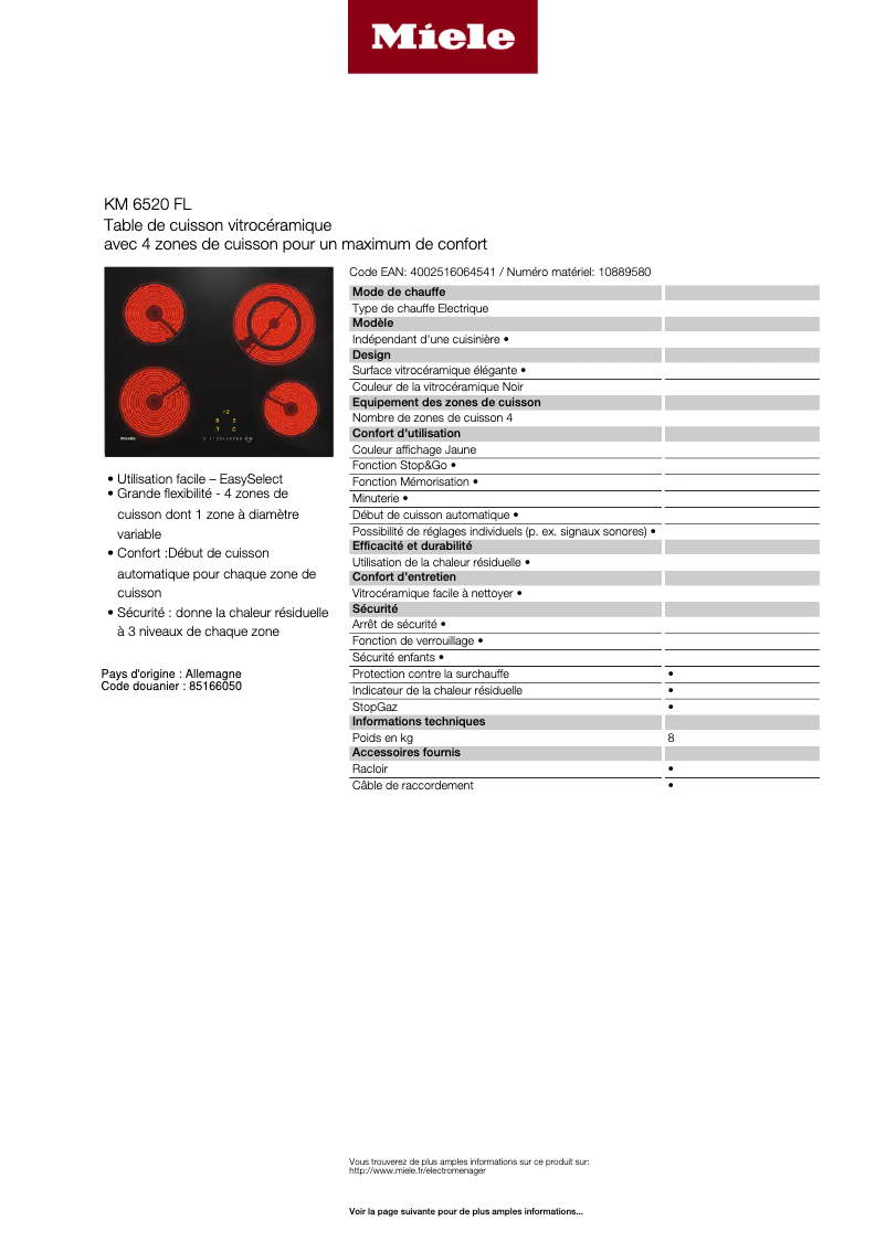 Page 1 of the manual User Manual Miele KM 6520 FL
