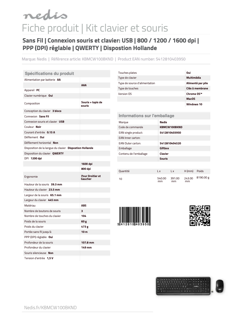 Page 1 of the manual Technical Sheet Nedis KBMCW100BKND