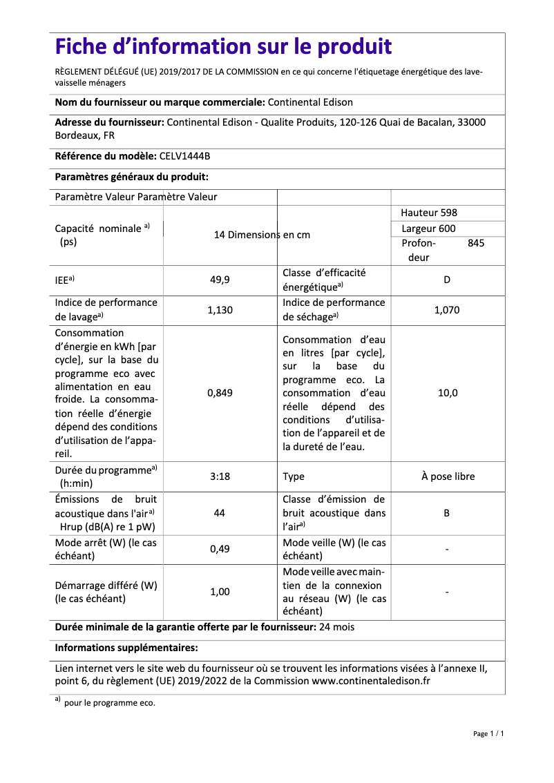 Page 1 of the manual Energy Label Continental Edison CELV1444B