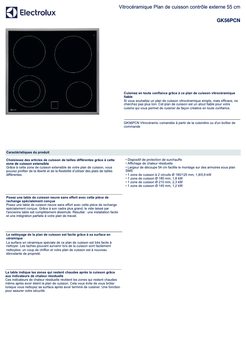 Page 1 of the manual Technical Sheet Electrolux GK56PCN